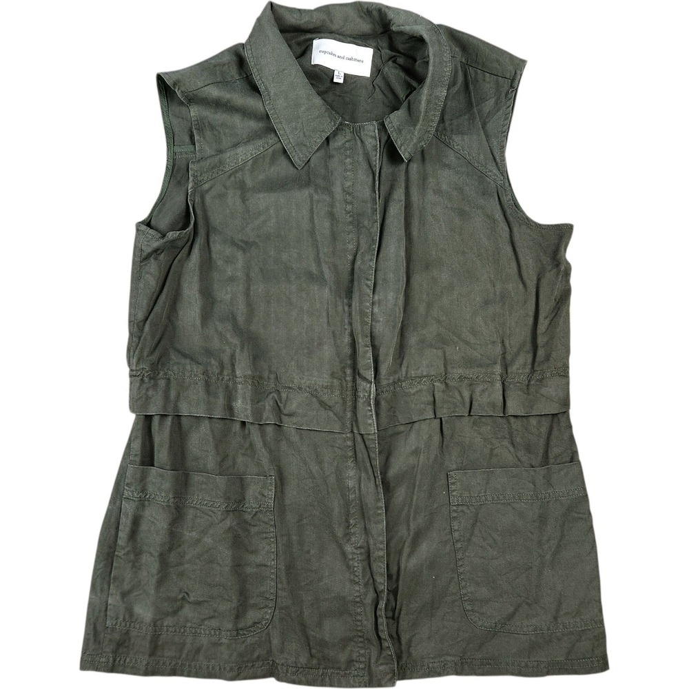 Cupcakes and Cashmere Utility Vest Sz L Military Green Sleeveless Cinched Waist‎